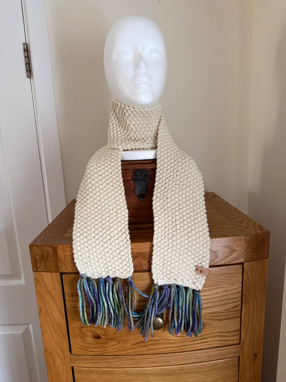Elegant Cream 100% Merino Wool Scarf knitted with Malabrigo Yarn.  