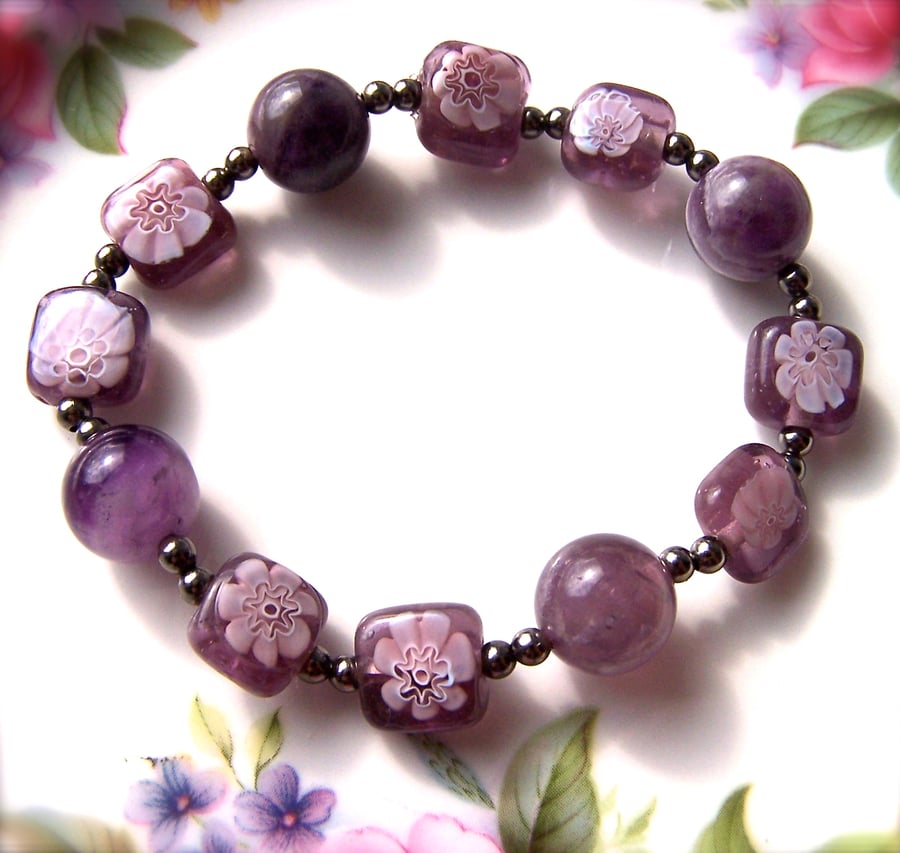 SALE Purple Bead Bracelet, Millefiori Glass Beads, Stretch Bracelet