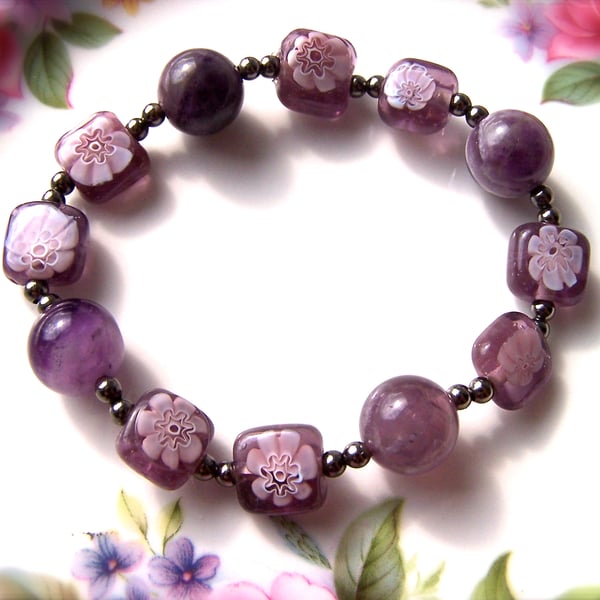 SALE Purple Bead Bracelet, Millefiori Glass Beads, Stretch Bracelet