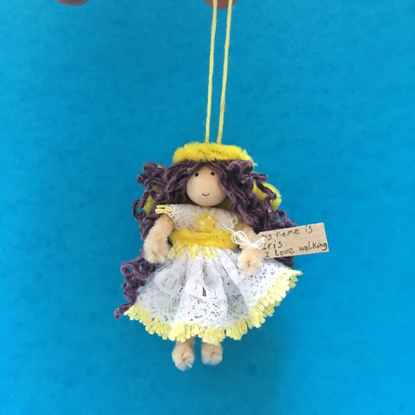 Tiny Yellow And Purple Fairy Doll Decoration, Decorative Fairy, Iris