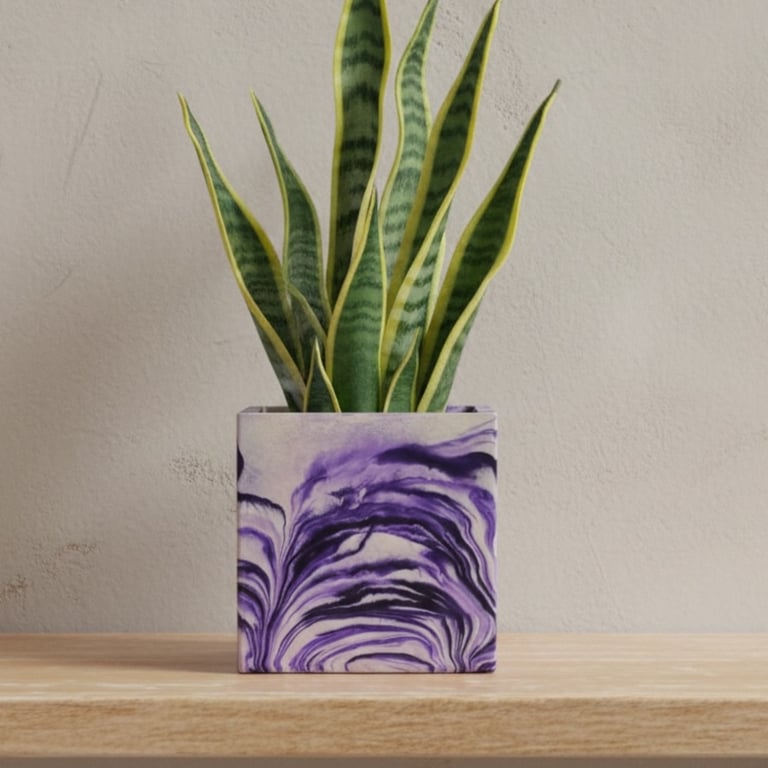 Purple Square Plant Pot - 10 cm Unique Violet Marbled Planter