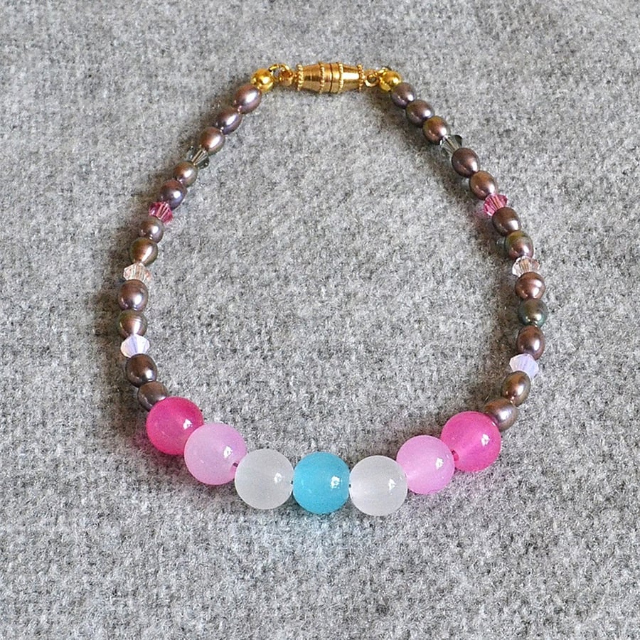 Femboy Pride Bracelet with Glass Beads, Pink-Grey Oval Glass Pearls, & Crystals