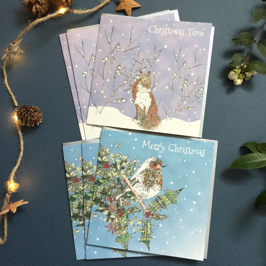 Christmas Winter Fox and a Festive Robin Card pack x6 