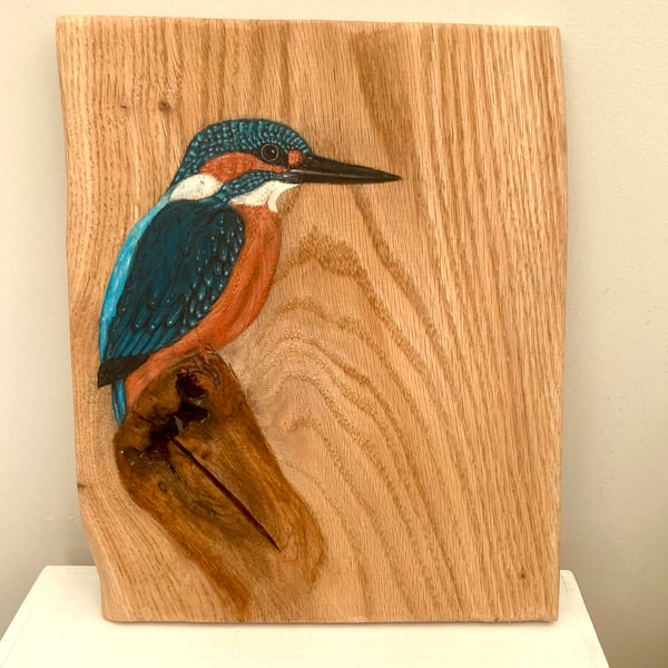 Kingfisher hand-painted on Oak