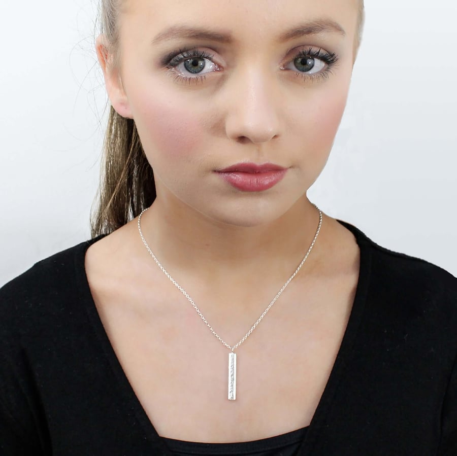 Textured Sterling Silver Bar Pendant Necklace 