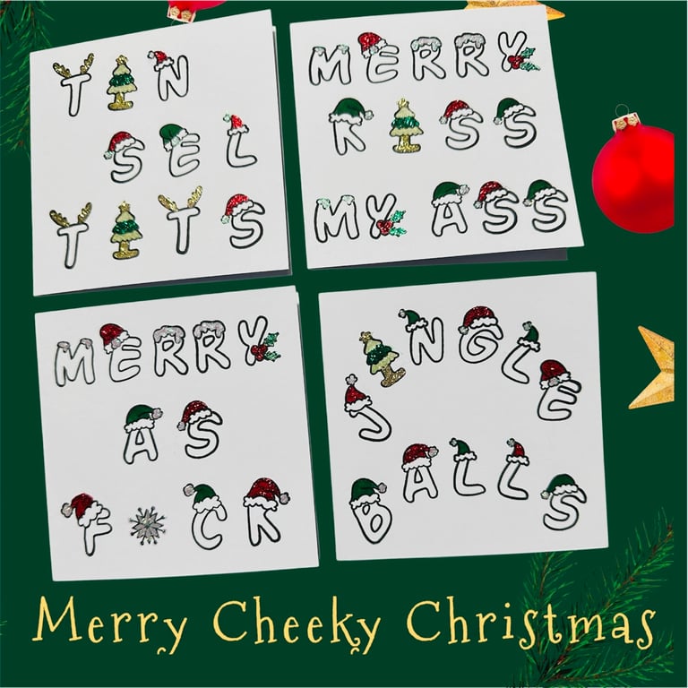 Pack of 4 rude sweary cheeky naughty Christmas cards hand painted 
