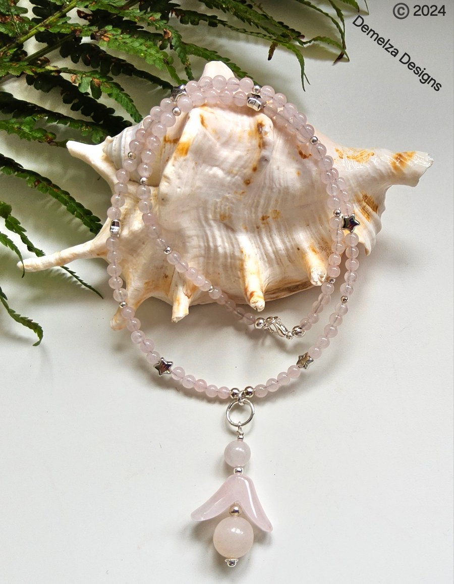 Natural Untreated Rose Quartz Designer Angel Necklace.