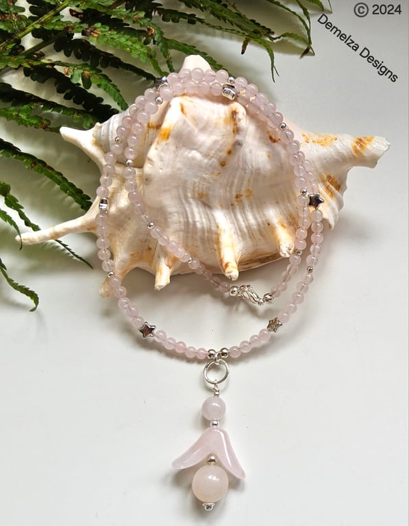 Natural Untreated Rose Quartz Designer Angel Necklace.