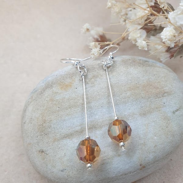 SALE Silver plated earrings with beautiful 8mm amber coloured swarovski crystals