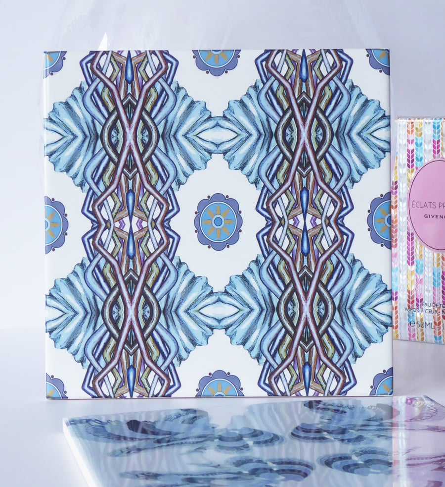 Ice Blue Geometric Pattern Ceramic Tile Trivet with Cork Backing