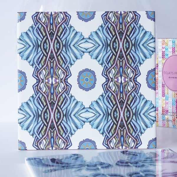 Ice Blue Geometric Pattern Ceramic Tile Trivet with Cork Backing