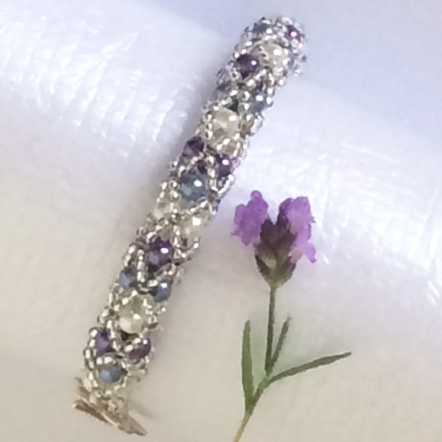 Beaded Bracelet, Purple, Lavender & White Glass Pearls 