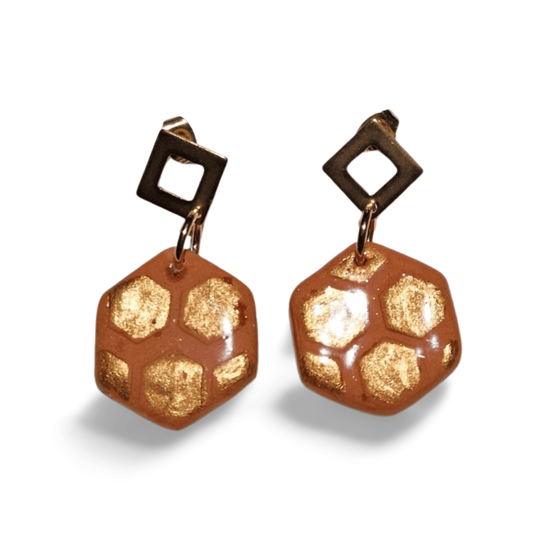 Hand Painted Ceramic Stud Earrings - Bronze Honeycomb