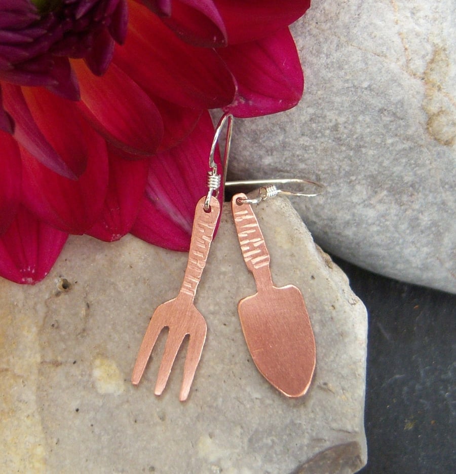 Gardeners trowel and fork earrings in copper