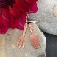 Gardeners trowel and fork earrings in copper