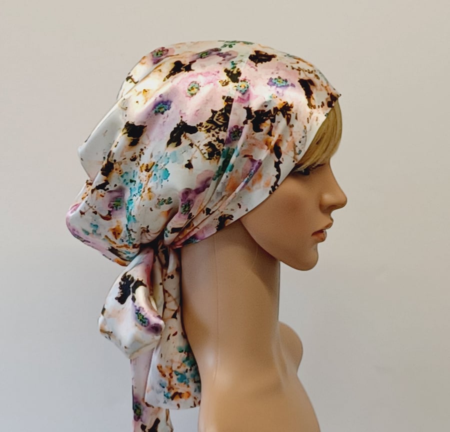 Satin head wear, lined bonnet with ties, silky tichel, floral satin head wear