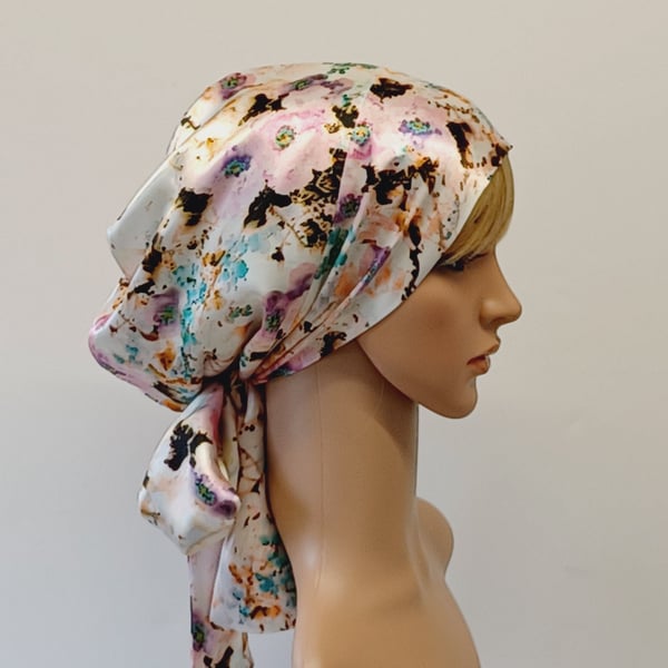 Satin head wear, lined bonnet with ties, silky tichel, floral satin head wear