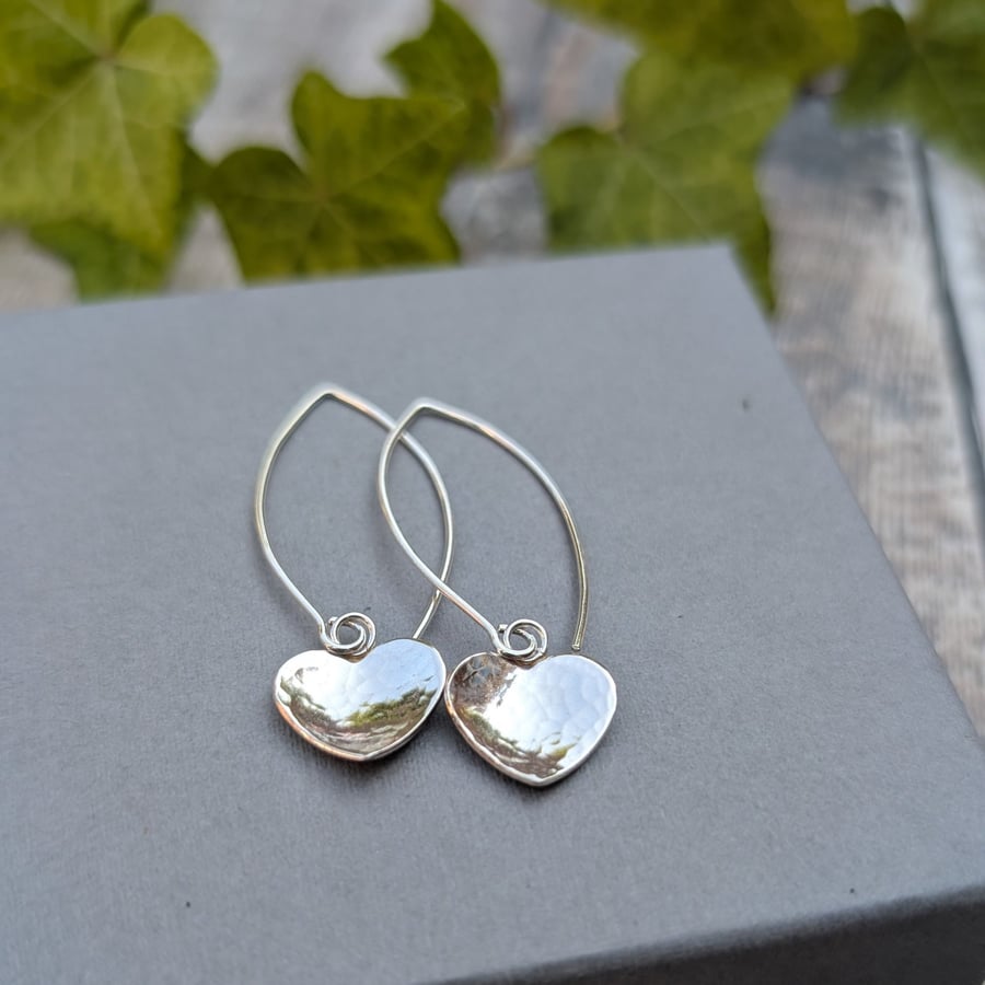 Sterling Silver Hammered Heart Long Earrings - JBJ1106