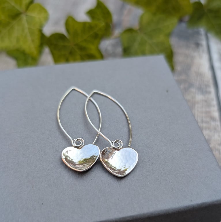 Sterling Silver Hammered Heart Long Earrings - JBJ1106