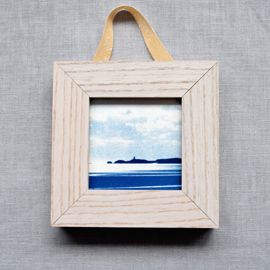 Llanddwyn silhouette, Anglesey Welsh Seascape Cyanotype in Small Wood Frame