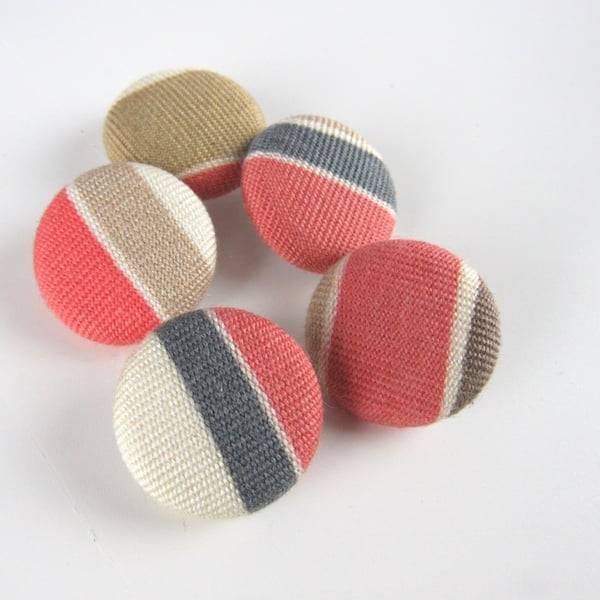 5 Small Handmade Tawny Stripe Fabric Buttons