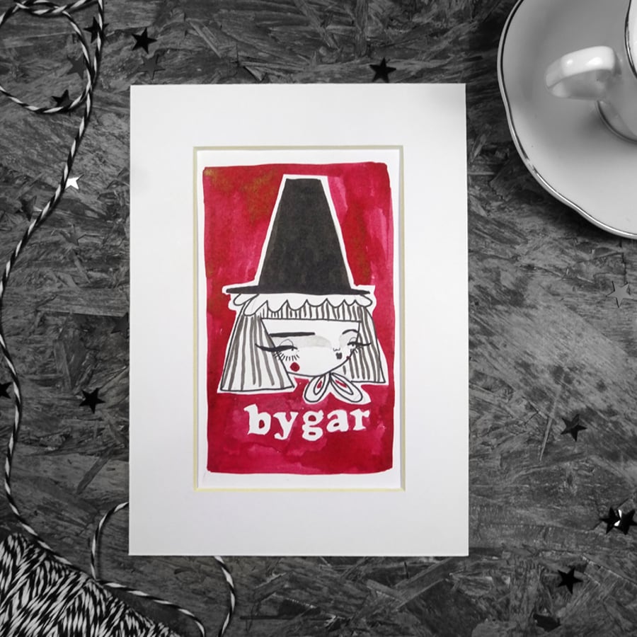 Welsh Lady Original sketch- Bygar (red background)