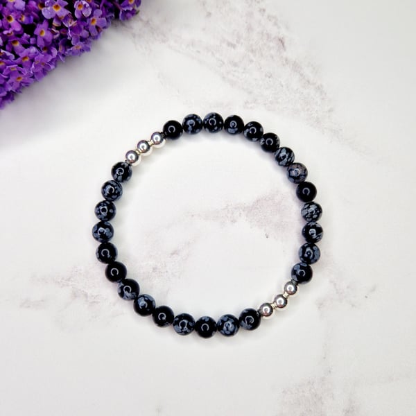 Snowflake Obsidian Bead Bracelet