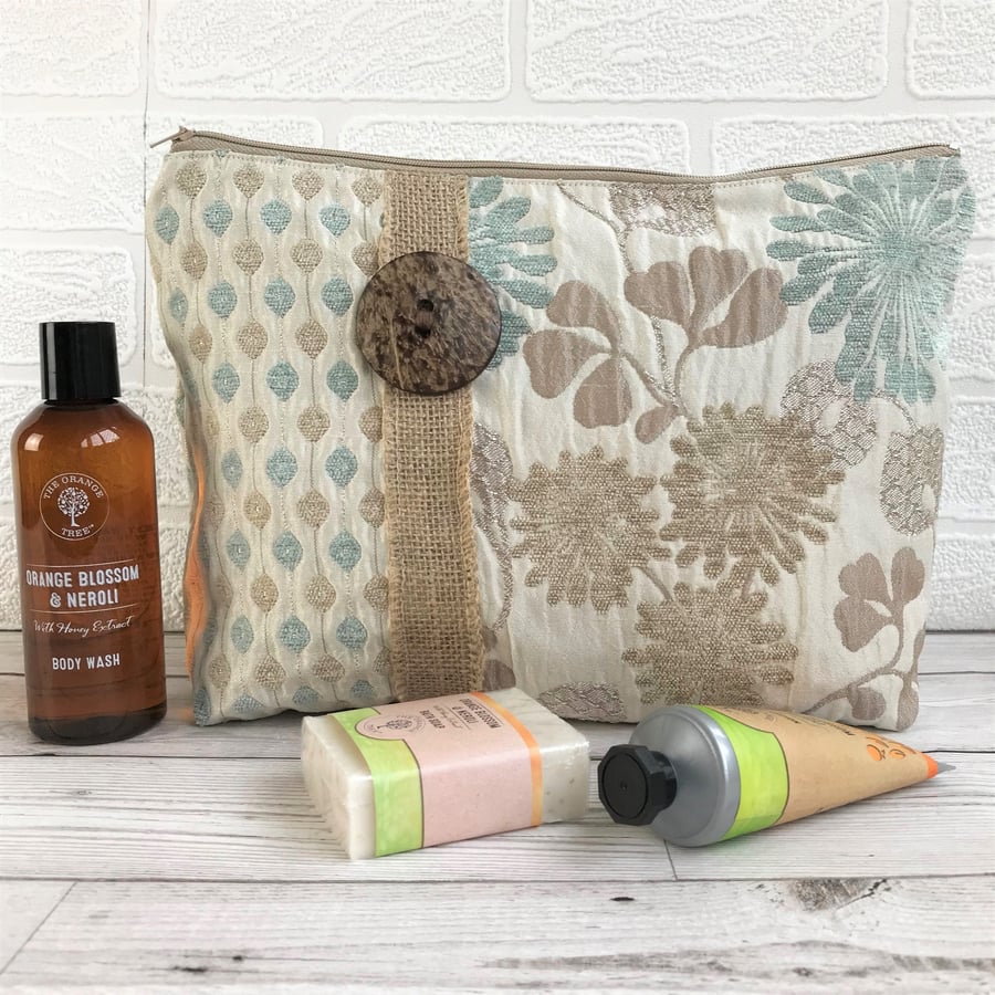 SALE, Cream toiletry bag with textured patterns in duck egg blue and beige