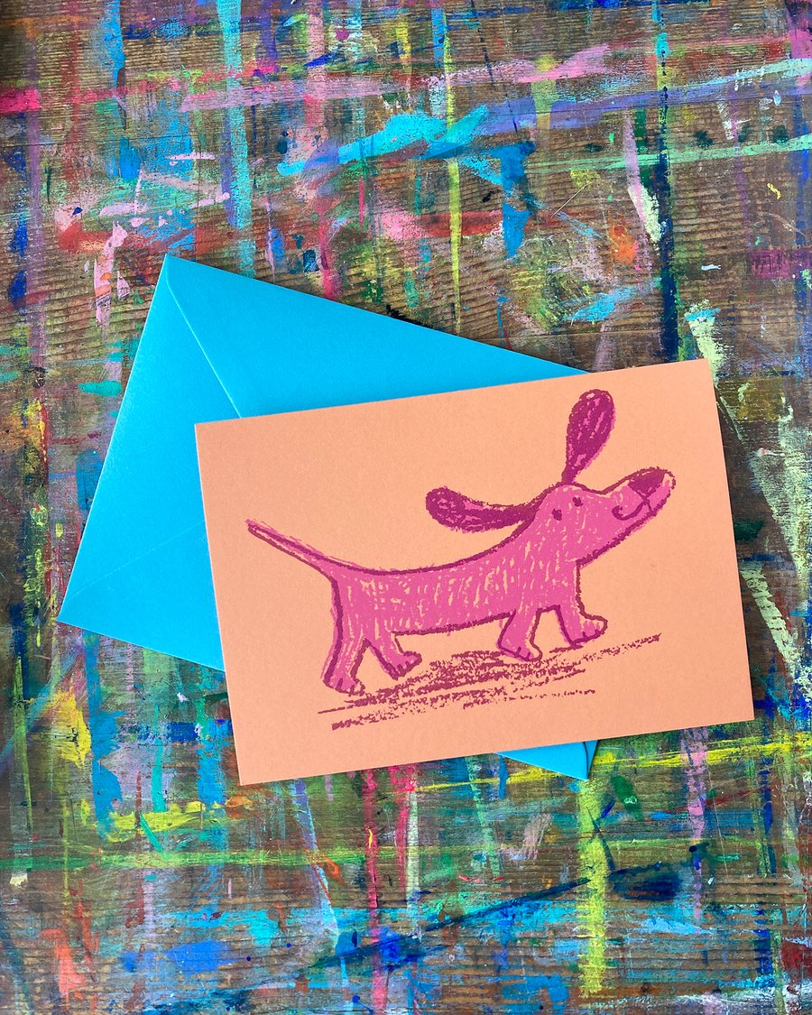 Funny Pink sausage dog on orange birthday card by Jo Brown