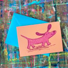 Funny Pink sausage dog on orange birthday card by Jo Brown