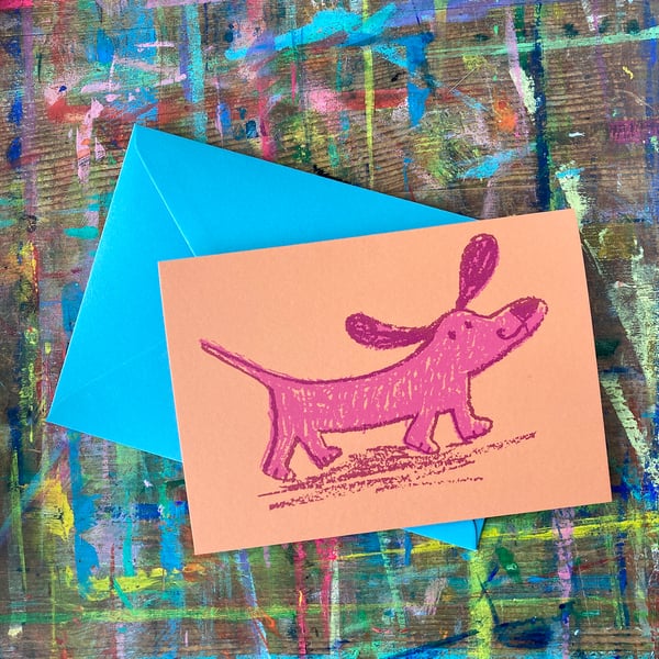 Funny Pink sausage dog on orange birthday card by Jo Brown