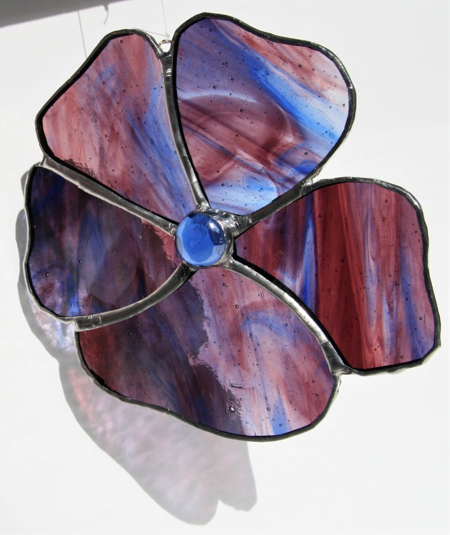 Handmade stained purple and blue glass flower sun catcher