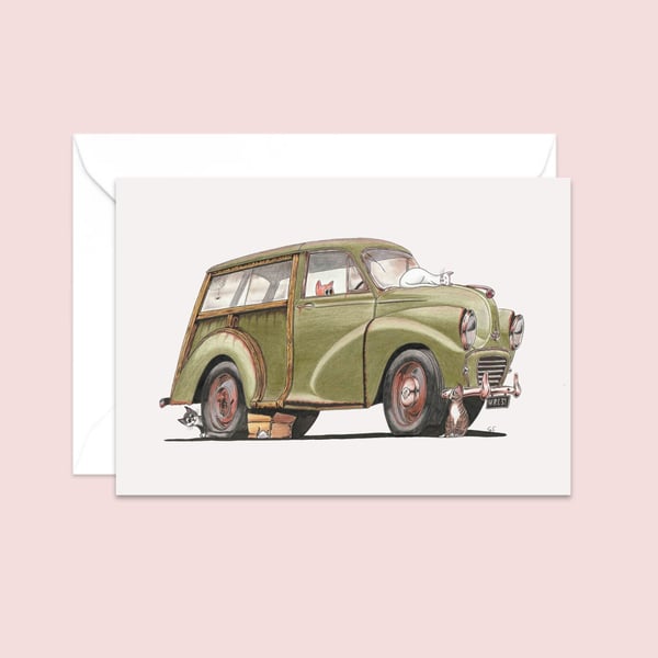 Car and Cats Greetings Card: Hand Drawn Pencil Illustration (324)