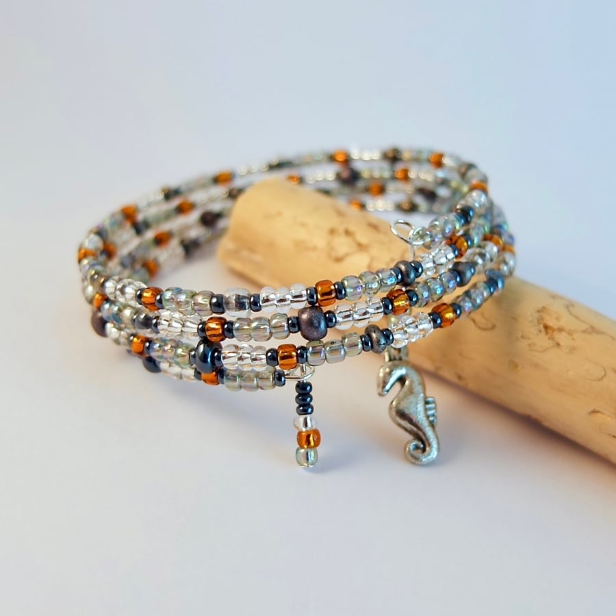 Glass Beaded Memory Wire Wrap Bracelet, Seahorse Charm - Birthday, Gift For Her