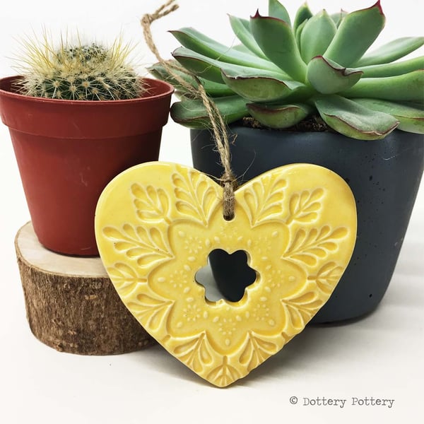 Ceramic heart hanging decoration Pottery Heart Folk art love heart YELLOW