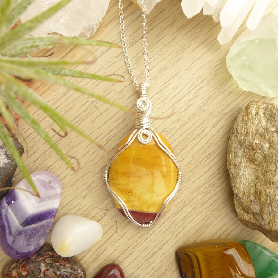 Wire Wrapped Mookaite Jasper Pendant. Yellow & Red Crystal in Silver Plated Wire