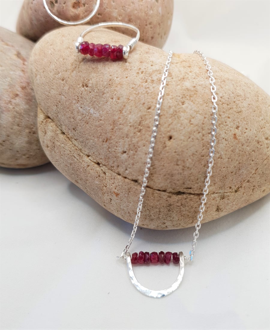 Real Ruby and Hammered Sterling Silver Necklace, Natural Undyed Ruby