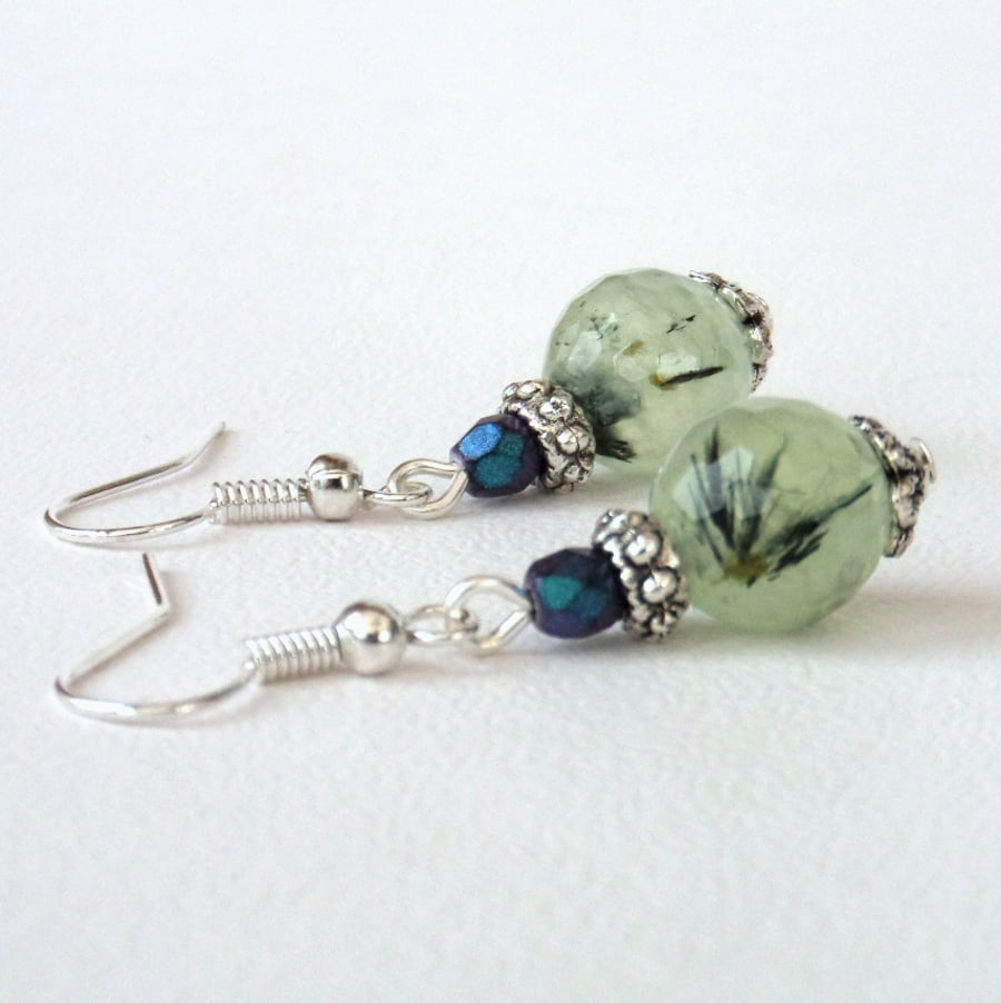 Prehnite gemstone and crystal earrings, stunning gemstone earrings