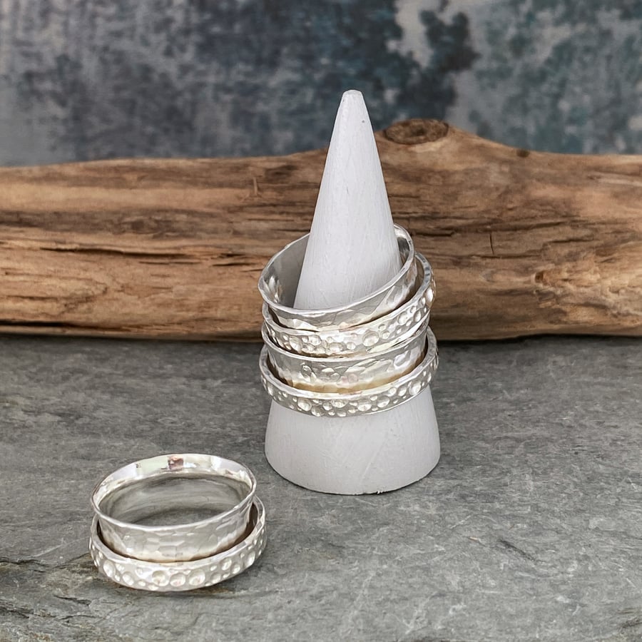 Silver spinner ring with a unique patterned ring band - silver fidget ring