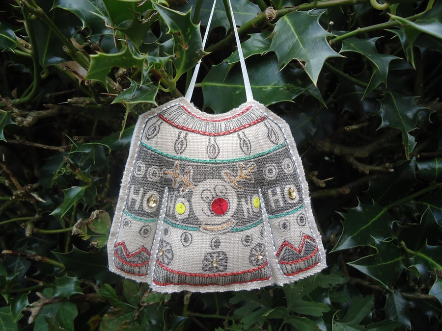 Linen Christmas Jumper Decoration, Red and Green Stripes