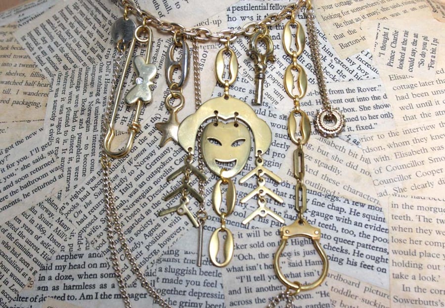 Statement Gold Tone Kitsch Punk Multi Charm Butterfly Face Key Star Necklace