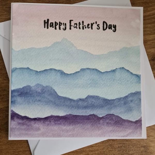 Mountain scene Father's Day card handpainted watercolour