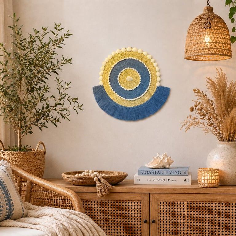 Blue, Off White & Shell Semi Circle Macrame Wall, Shelf & Console Table Decor
