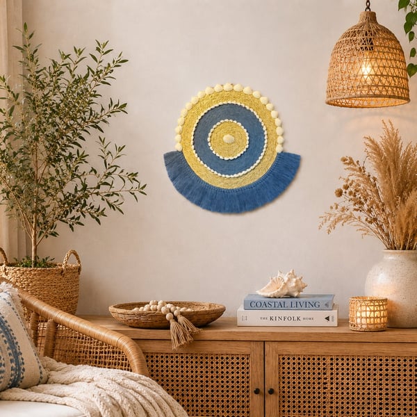 Blue, Off White & Shell Semi Circle Macrame Wall, Shelf & Console Table Decor