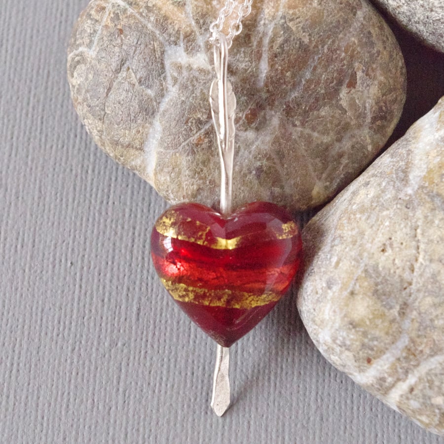 Cupid's Dart Pendant Ruby 24K Gold Murano Heart... - Folksy