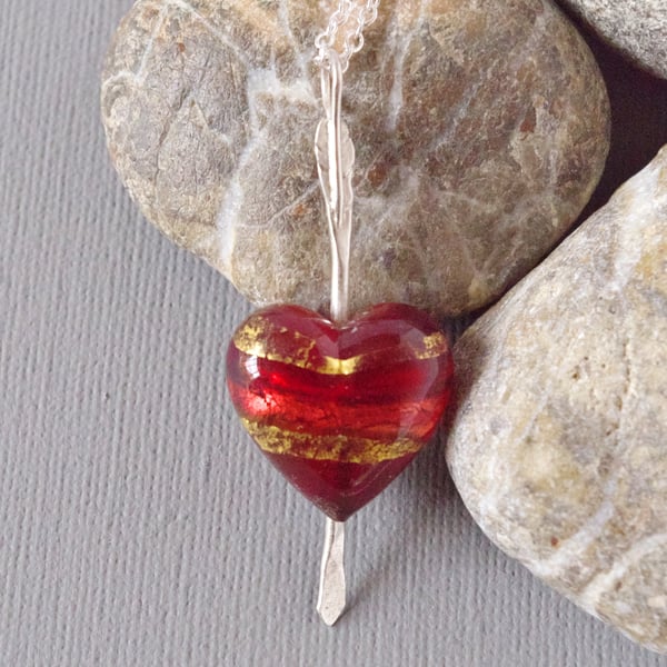 Cupid's Dart Pendant Ruby 24K Gold Murano Heart Sterling Silver Arrow
