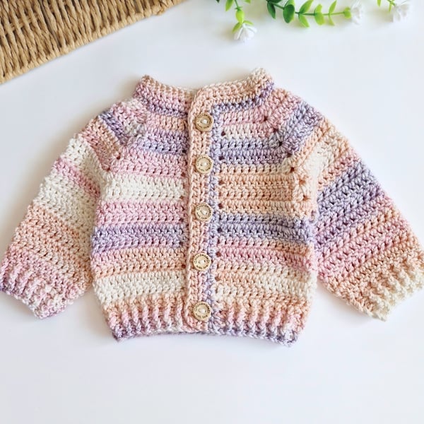 Cutie Pie Crochet Baby Cardigan - Peach, Custard & Pecan Pie - Newborn - 2 Yrs
