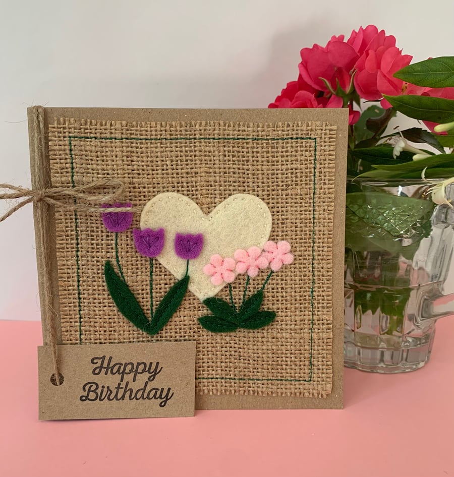 Handmade Birthday Card. Heart and flowers from wool felt. Keepsake card.