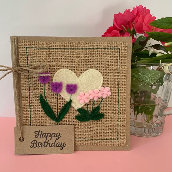 Handmade Birthday Card. Heart and flowers from wool felt. Keepsake card.