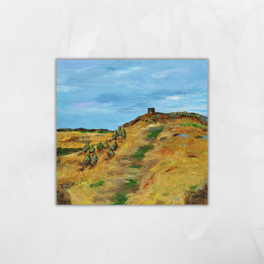 Ready to Hang, Acrylic Painting of Dunnideer, Aberdeenshire. 8x8 inches.